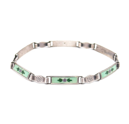 Vintage Green Guilloche Enamel Flower Bracelet in Silver
