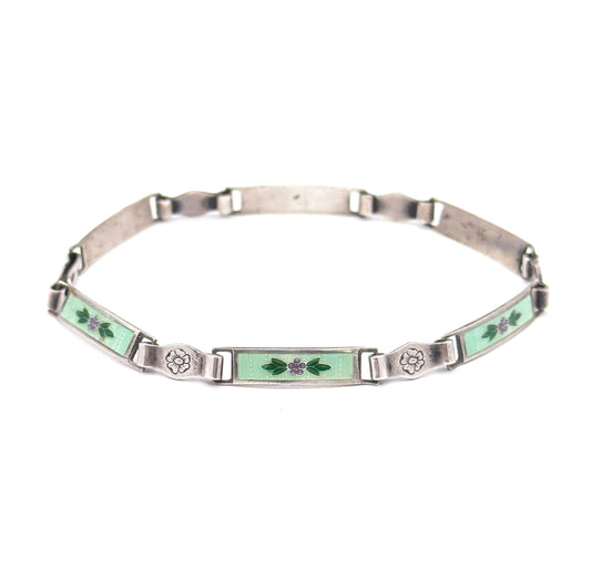 Vintage Green Guilloche Enamel Flower Bracelet in Silver