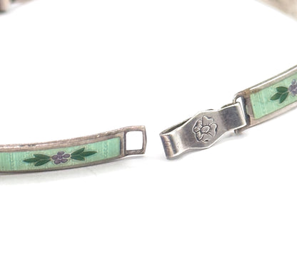 Vintage Green Guilloche Enamel Flower Bracelet in Silver