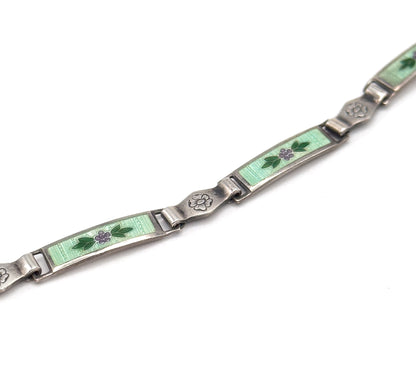 Vintage Green Guilloche Enamel Flower Bracelet in Silver