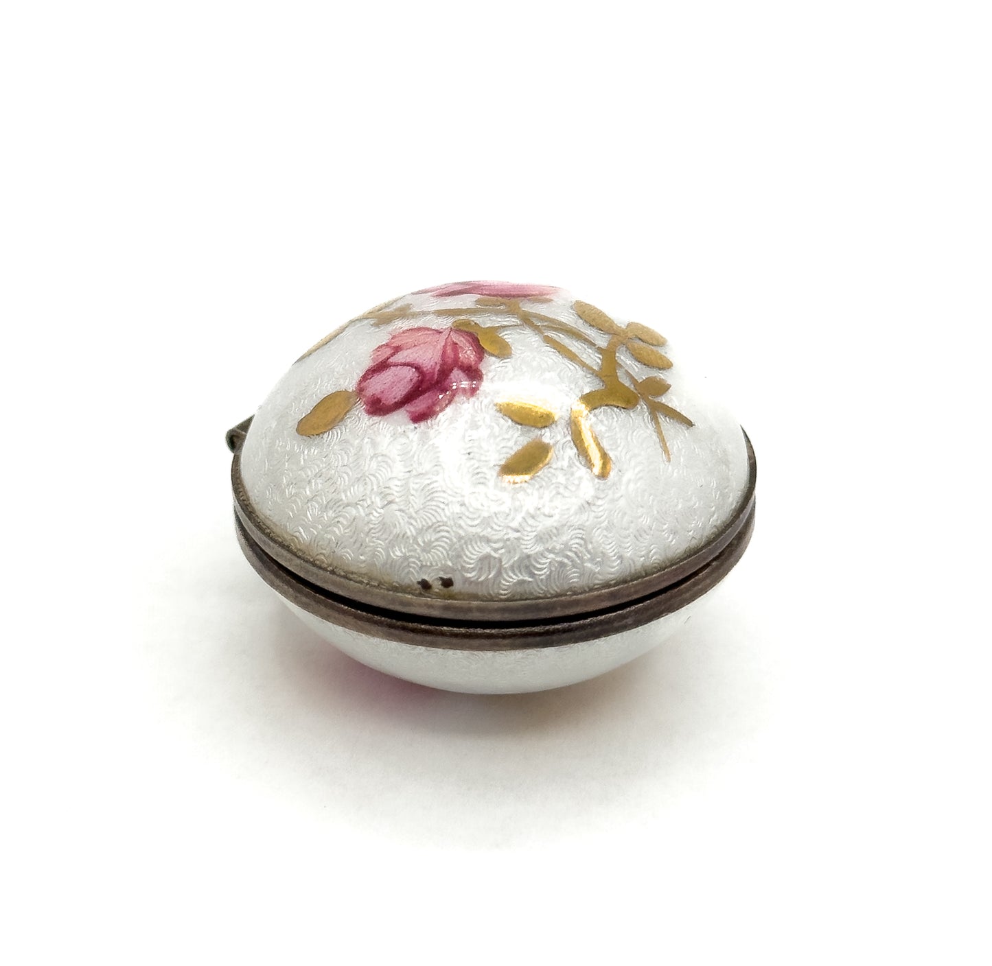 Vintage Mid-Century Guilloche Enamel Orb Locket White w Pink Roses