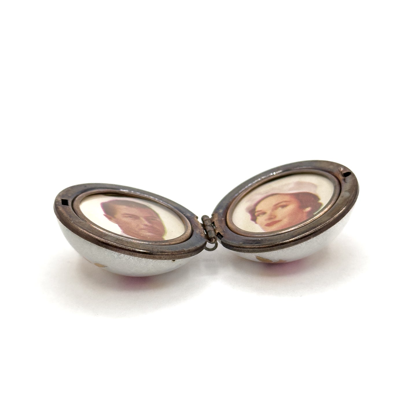 Vintage Mid-Century Guilloche Enamel Orb Locket White w Pink Roses