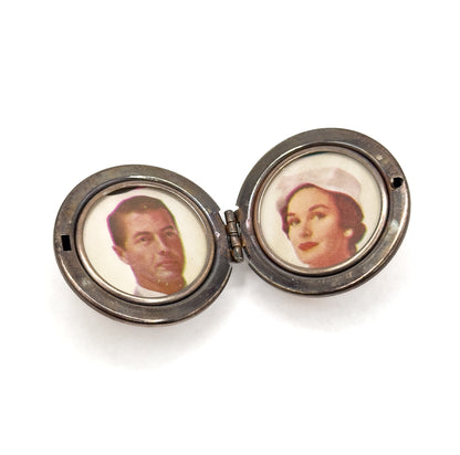 Vintage Mid-Century Guilloche Enamel Orb Locket White w Pink Roses