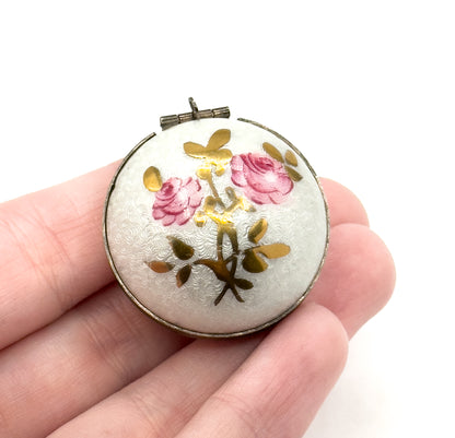 Vintage Mid-Century Guilloche Enamel Orb Locket White w Pink Roses