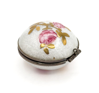 Vintage Mid-Century Guilloche Enamel Orb Locket White w Pink Roses