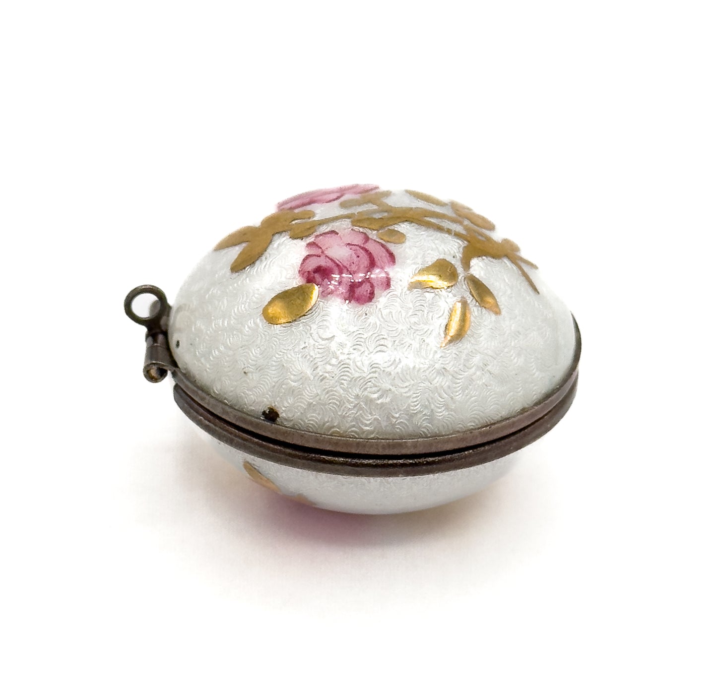 Vintage Mid-Century Guilloche Enamel Orb Locket White w Pink Roses