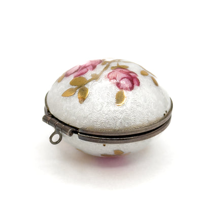 Vintage Mid-Century Guilloche Enamel Orb Locket White w Pink Roses
