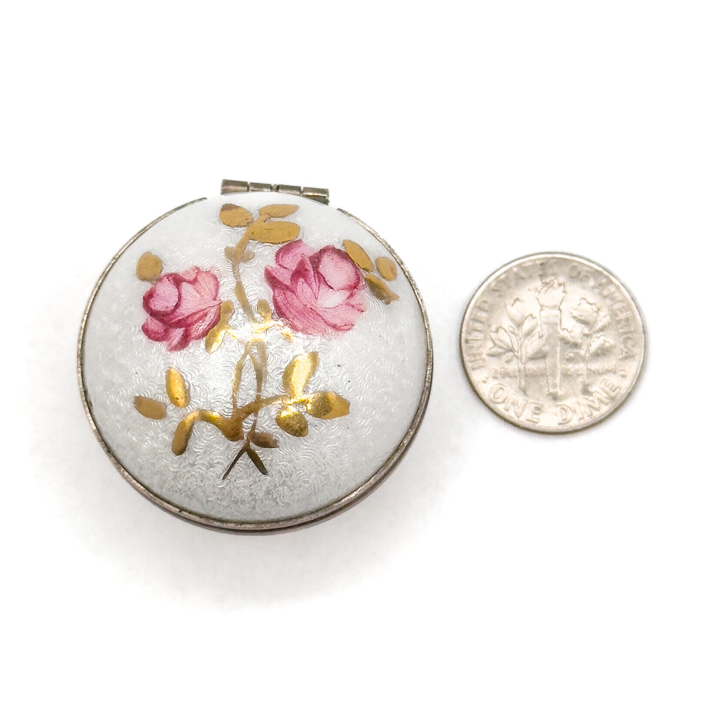 Vintage Mid-Century Guilloche Enamel Orb Locket White w Pink Roses