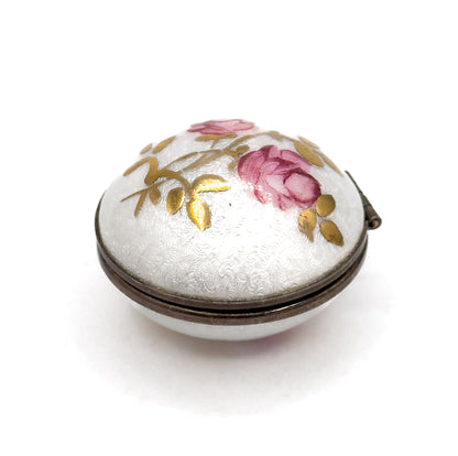 Vintage Mid-Century Guilloche Enamel Orb Locket White w Pink Roses