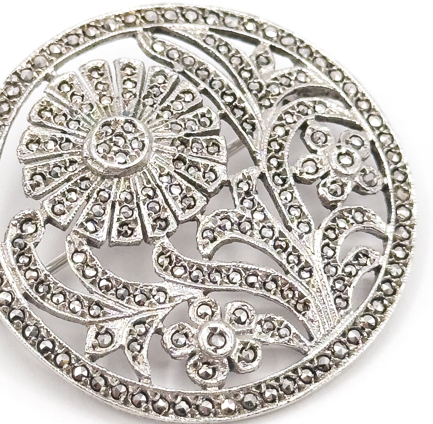 Art Deco Macasite Flower Brooch in Sterling Silver