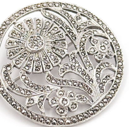 Art Deco Macasite Flower Brooch in Sterling Silver