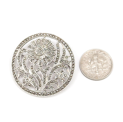 Art Deco Macasite Flower Brooch in Sterling Silver