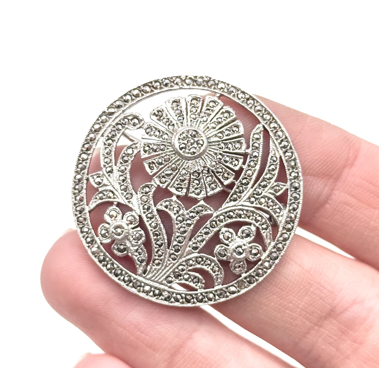 Art Deco Macasite Flower Brooch in Sterling Silver