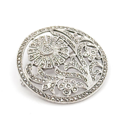 Art Deco Macasite Flower Brooch in Sterling Silver