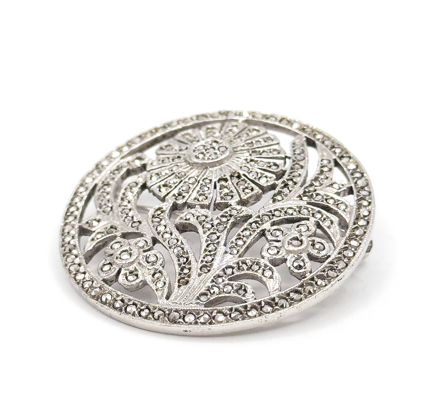 Art Deco Macasite Flower Brooch in Sterling Silver