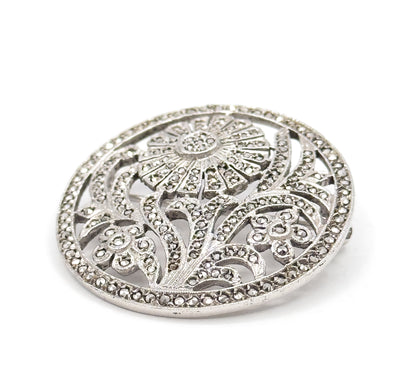 Art Deco Macasite Flower Brooch in Sterling Silver
