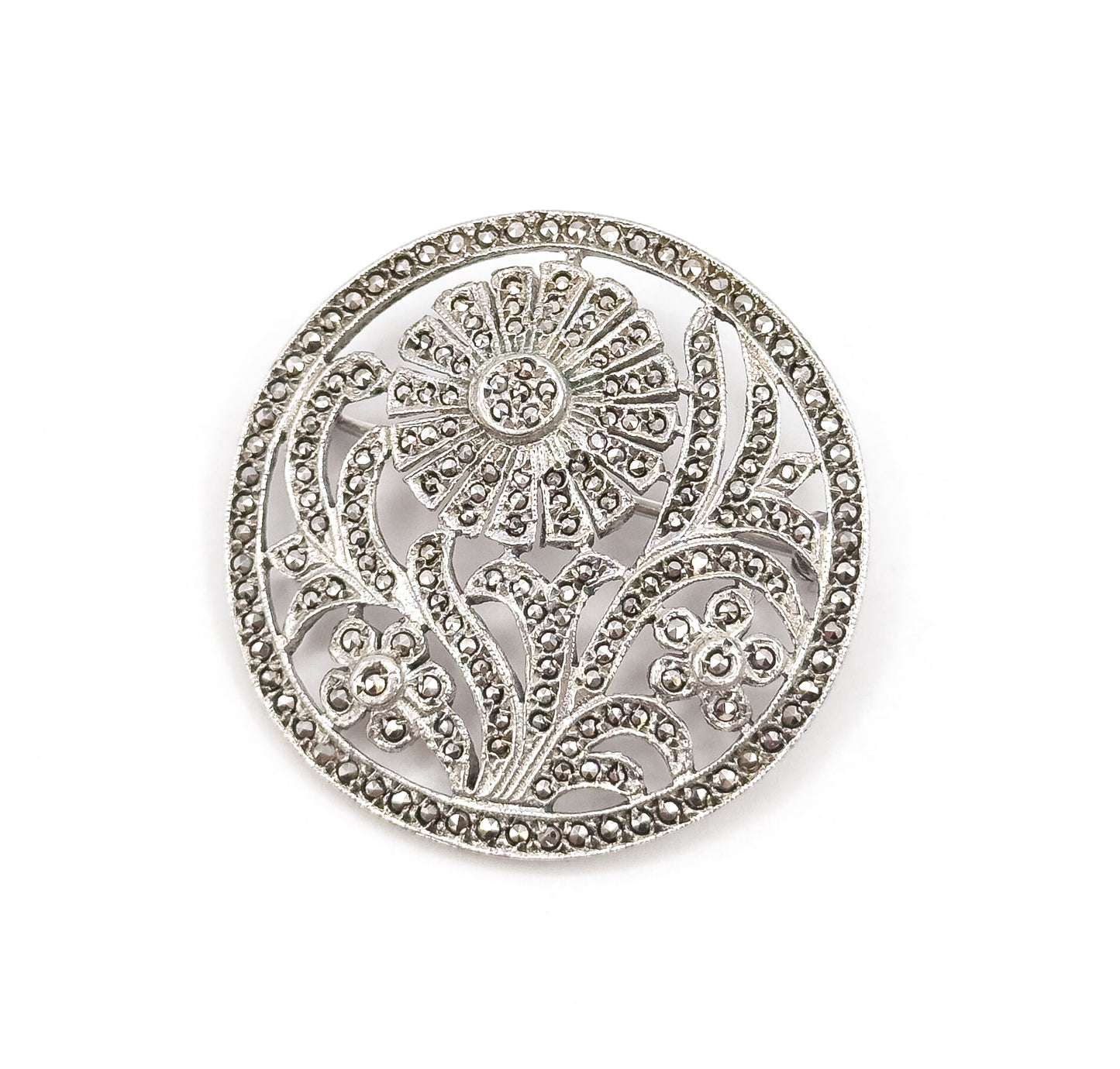 Art Deco Macasite Flower Brooch in Sterling Silver