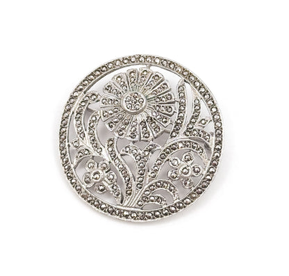Art Deco Macasite Flower Brooch in Sterling Silver