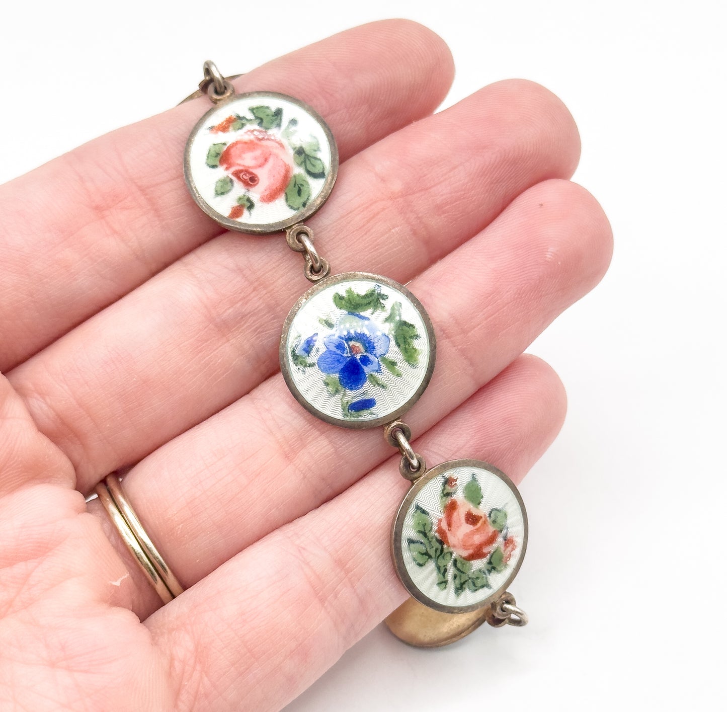 Vintage Guilloche Enamel hand Painted Flower Bracelet in Silver