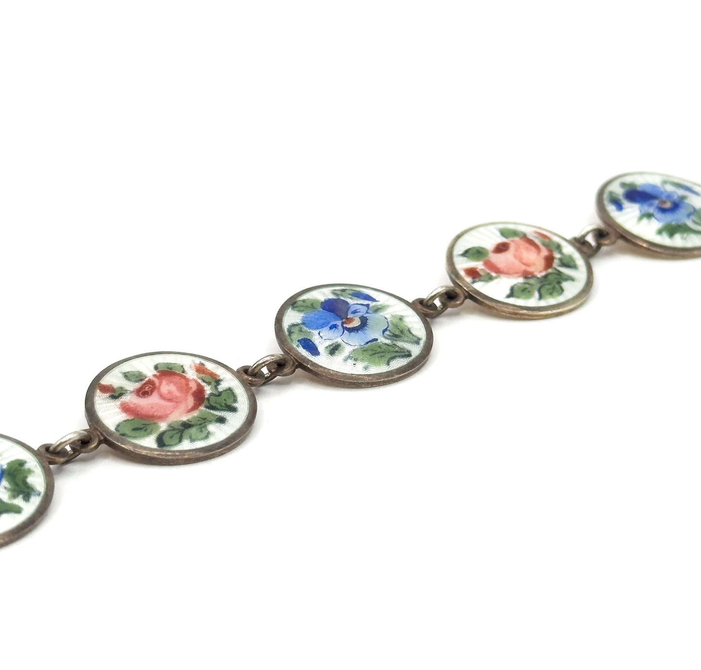 Vintage Guilloche Enamel hand Painted Flower Bracelet in Silver