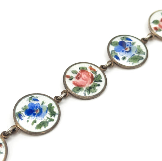 Vintage Guilloche Enamel hand Painted Flower Bracelet in Silver