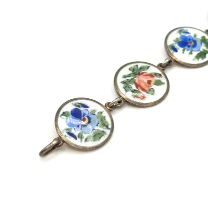 Vintage Guilloche Enamel hand Painted Flower Bracelet in Silver