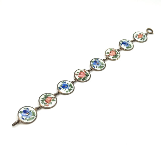 Vintage Guilloche Enamel hand Painted Flower Bracelet in Silver