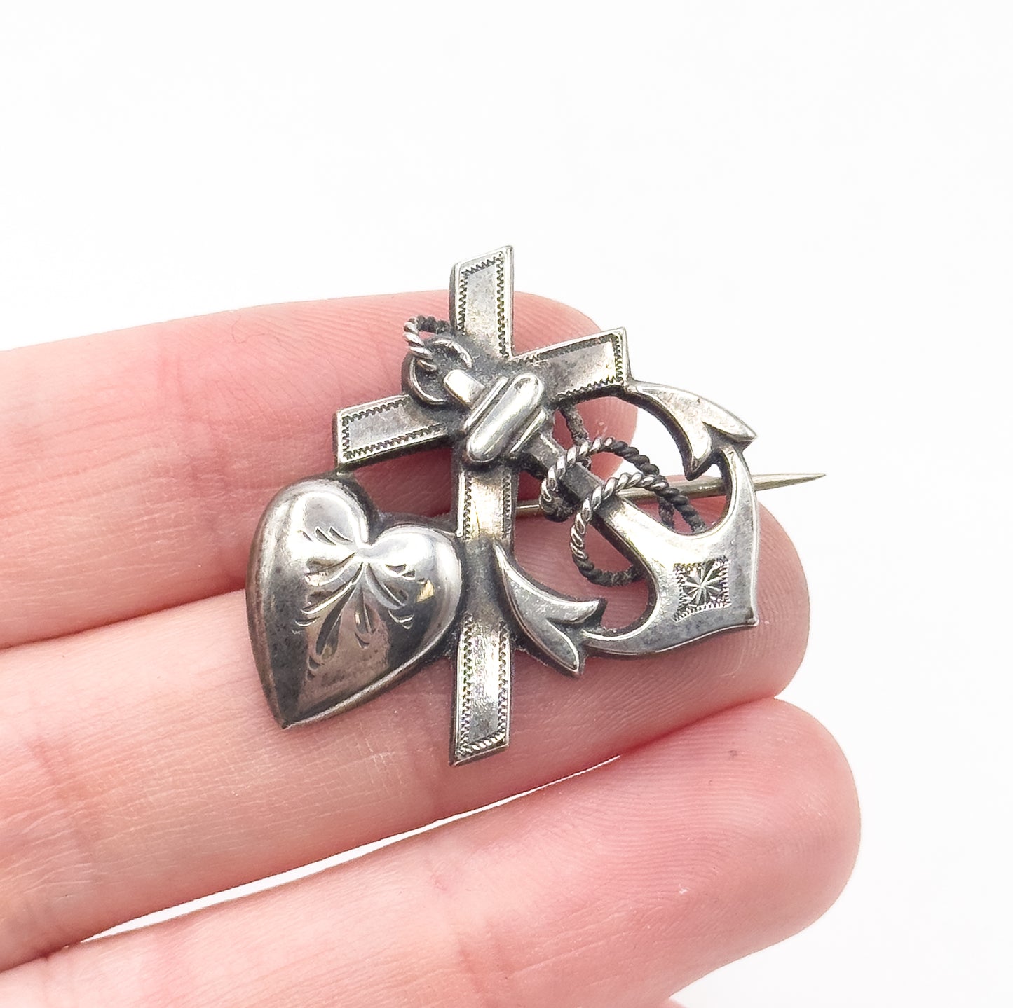 Victorian Faith Love Hope Brooch in Silver