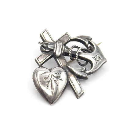 Victorian Faith Love Hope Brooch in Silver