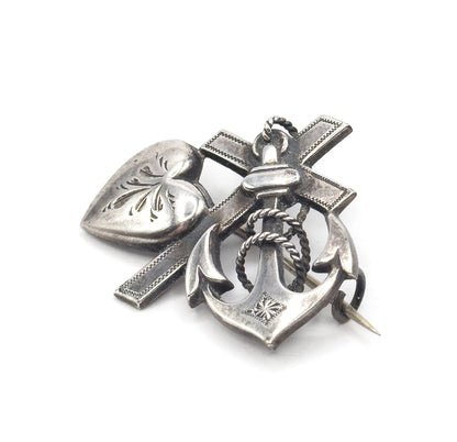 Victorian Faith Love Hope Brooch in Silver