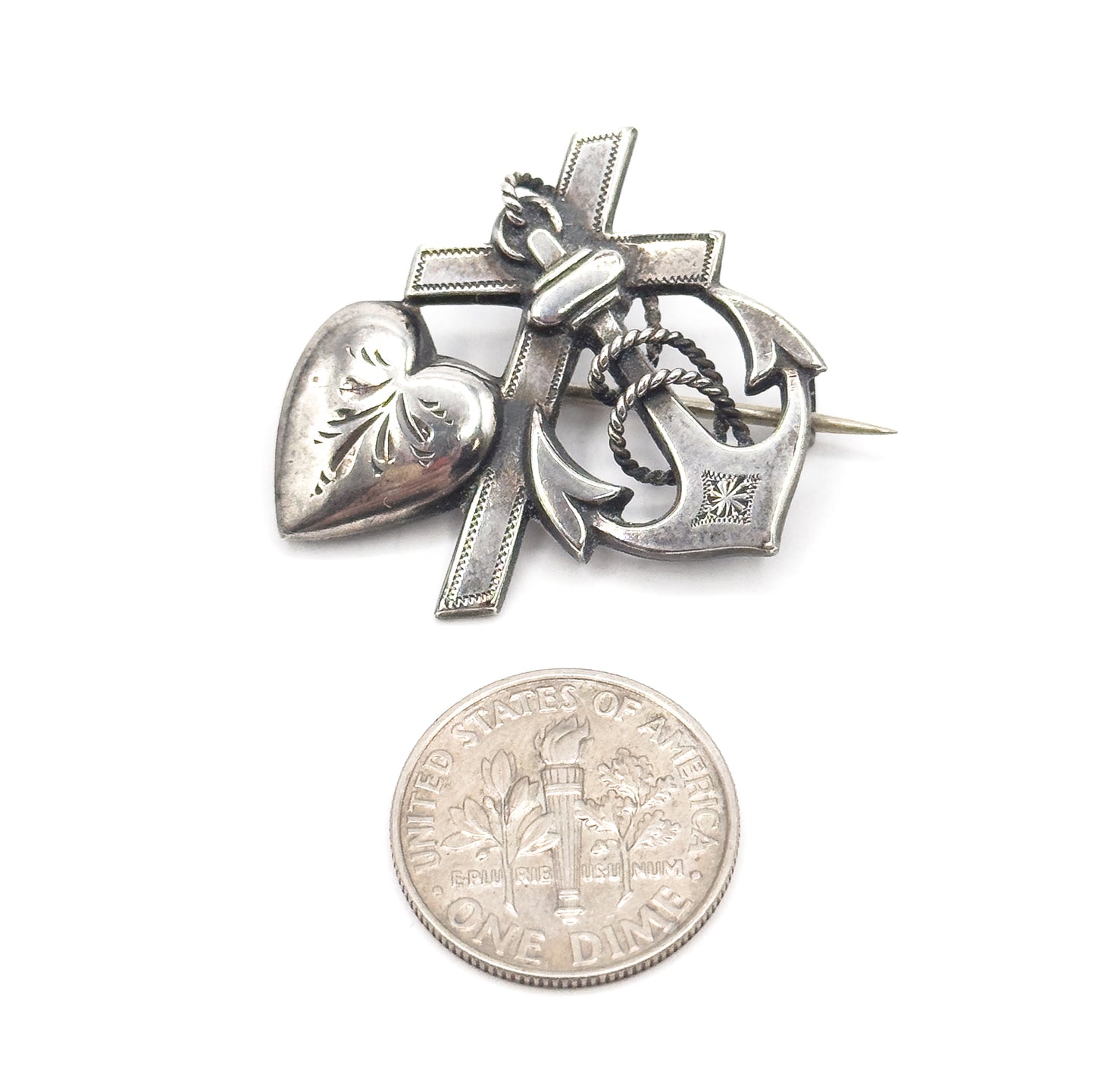 Victorian Faith Love Hope Brooch in Silver