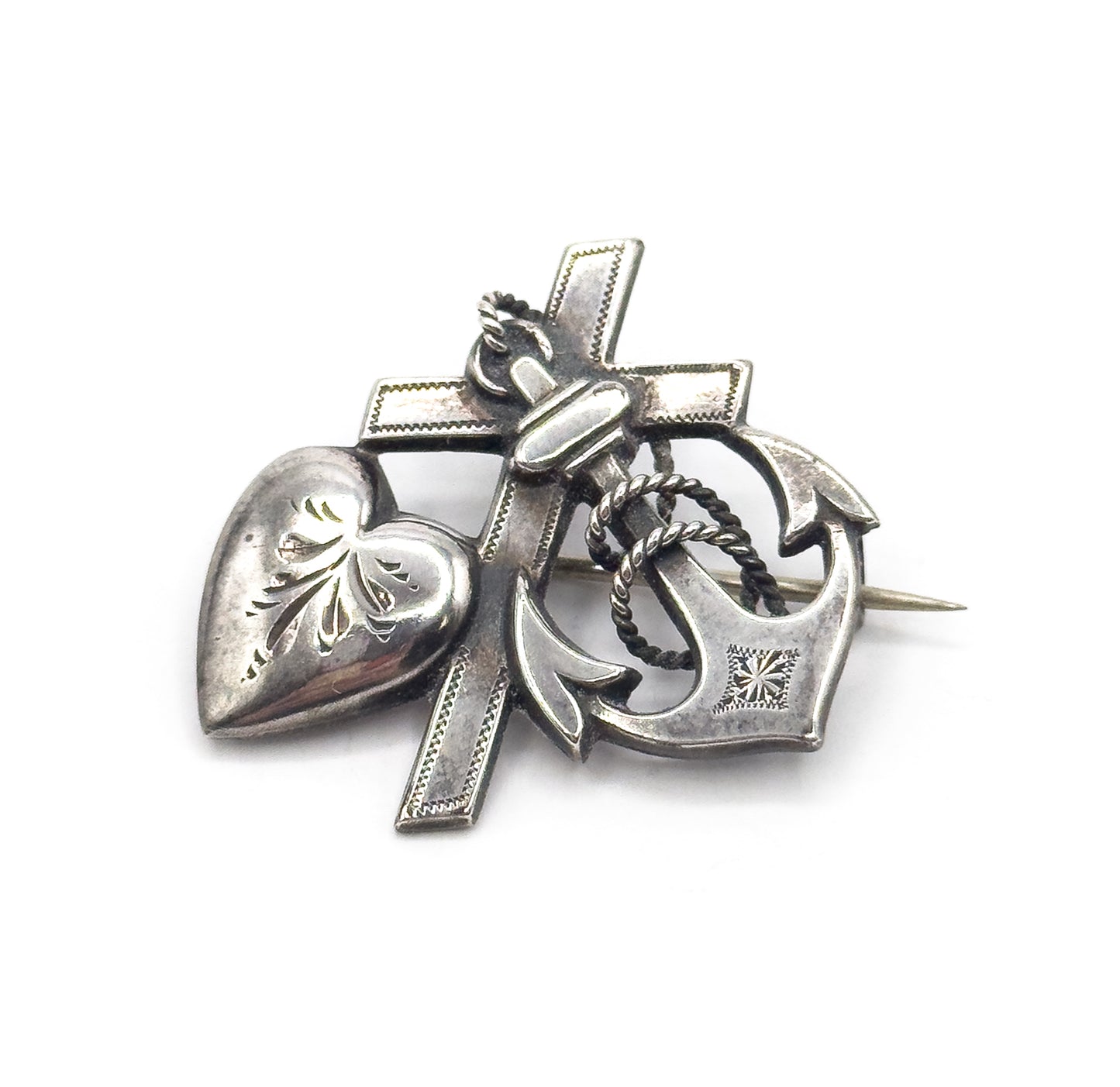 Victorian Faith Love Hope Brooch in Silver