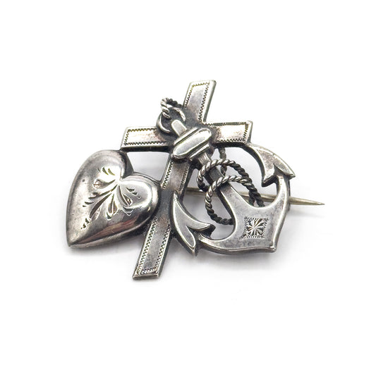Victorian Faith Love Hope Brooch in Silver