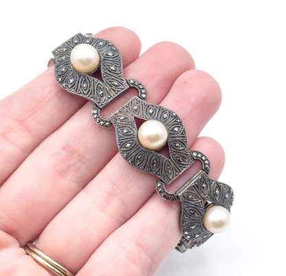 Art Deco Theodor Fahrner Pearl & Marcasite Bracelet in Sterling