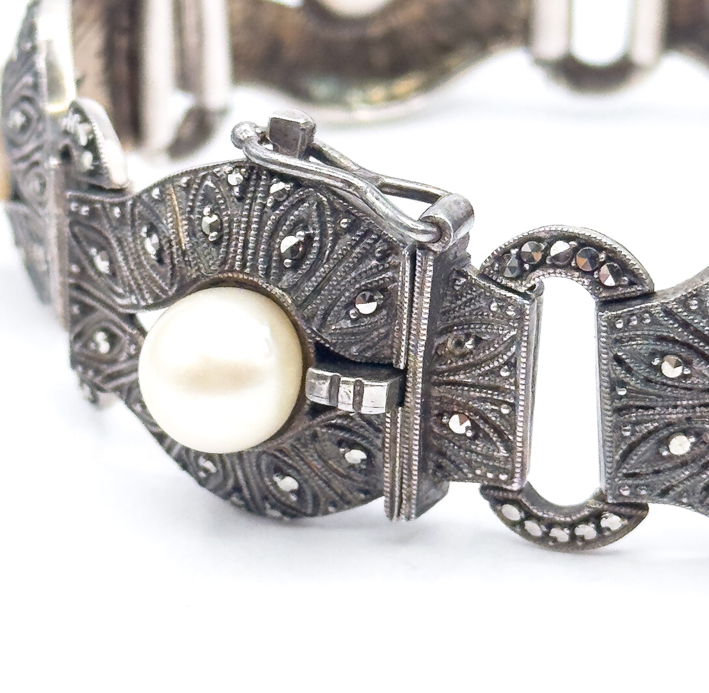 Art Deco Theodor Fahrner Pearl & Marcasite Bracelet in Sterling
