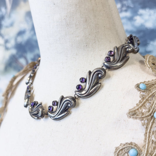 Chunky Mid-Century Mexican Silver Amethyst Necklace & earring Set