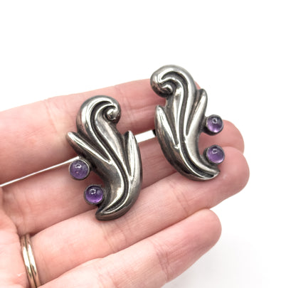 Chunky Mid-Century Mexican Silver Amethyst Necklace & earring Set