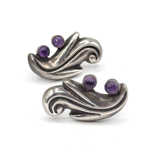 Chunky Mid-Century Mexican Silver Amethyst Necklace & earring Set