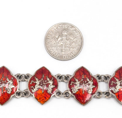 Siam Silver Bracelet, Earrings, & Brooch Set in Red Enamel
