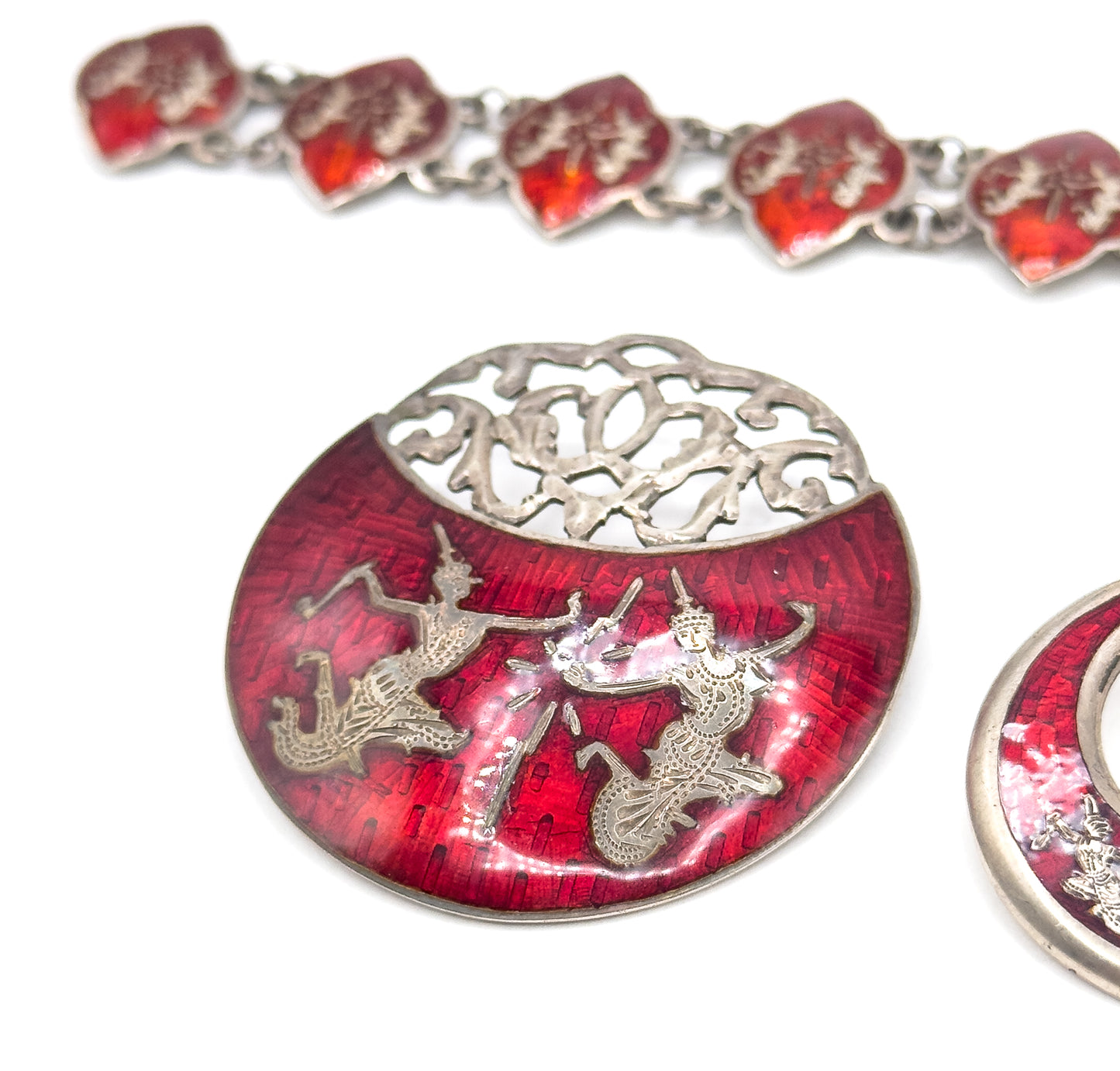 Siam Silver Bracelet, Earrings, & Brooch Set in Red Enamel