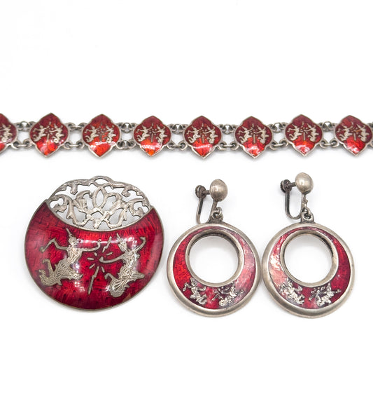 Siam Silver Bracelet, Earrings, & Brooch Set in Red Enamel