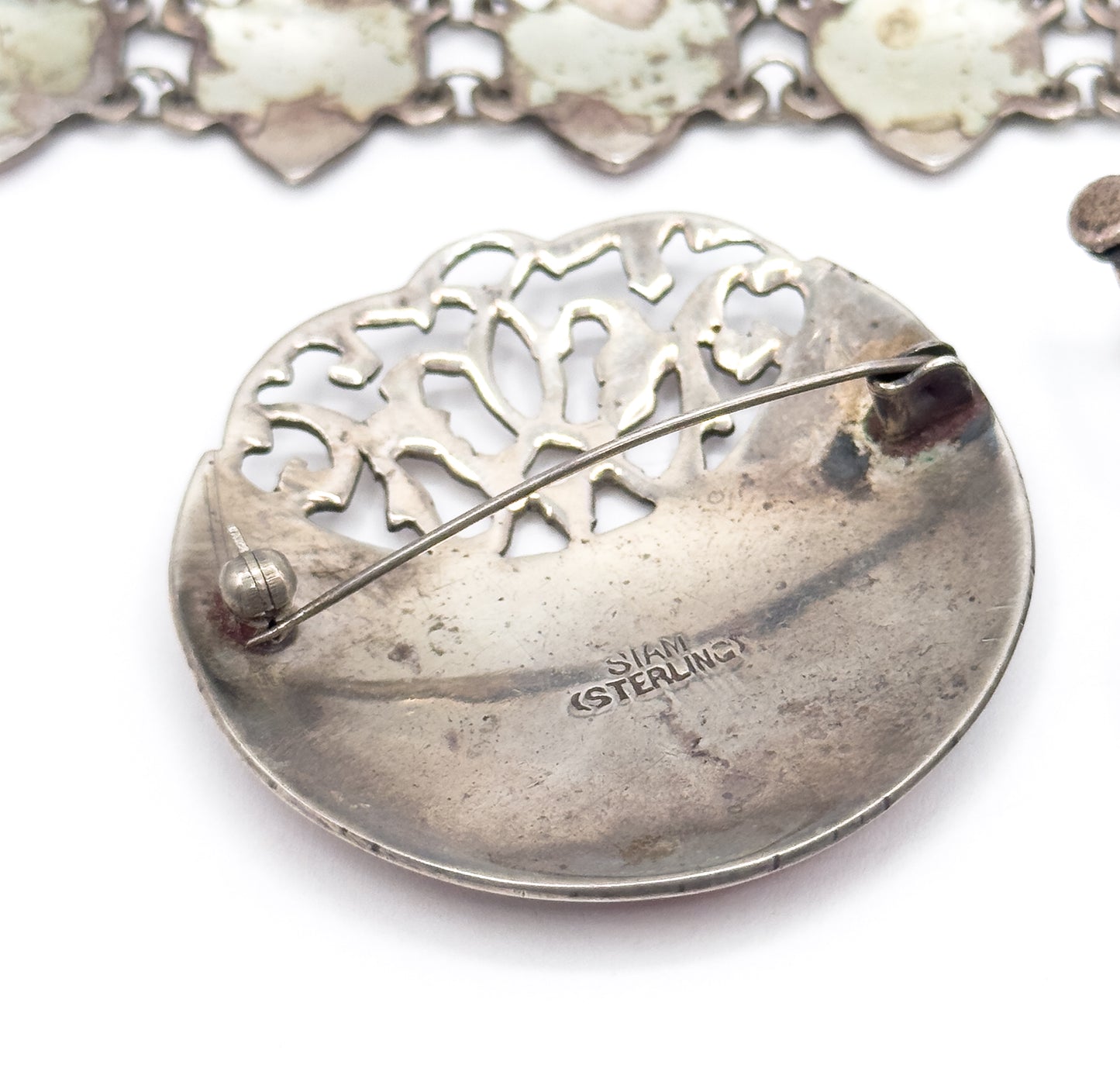 Siam Silver Bracelet, Earrings, & Brooch Set in Red Enamel