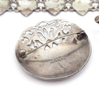 Siam Silver Bracelet, Earrings, & Brooch Set in Red Enamel