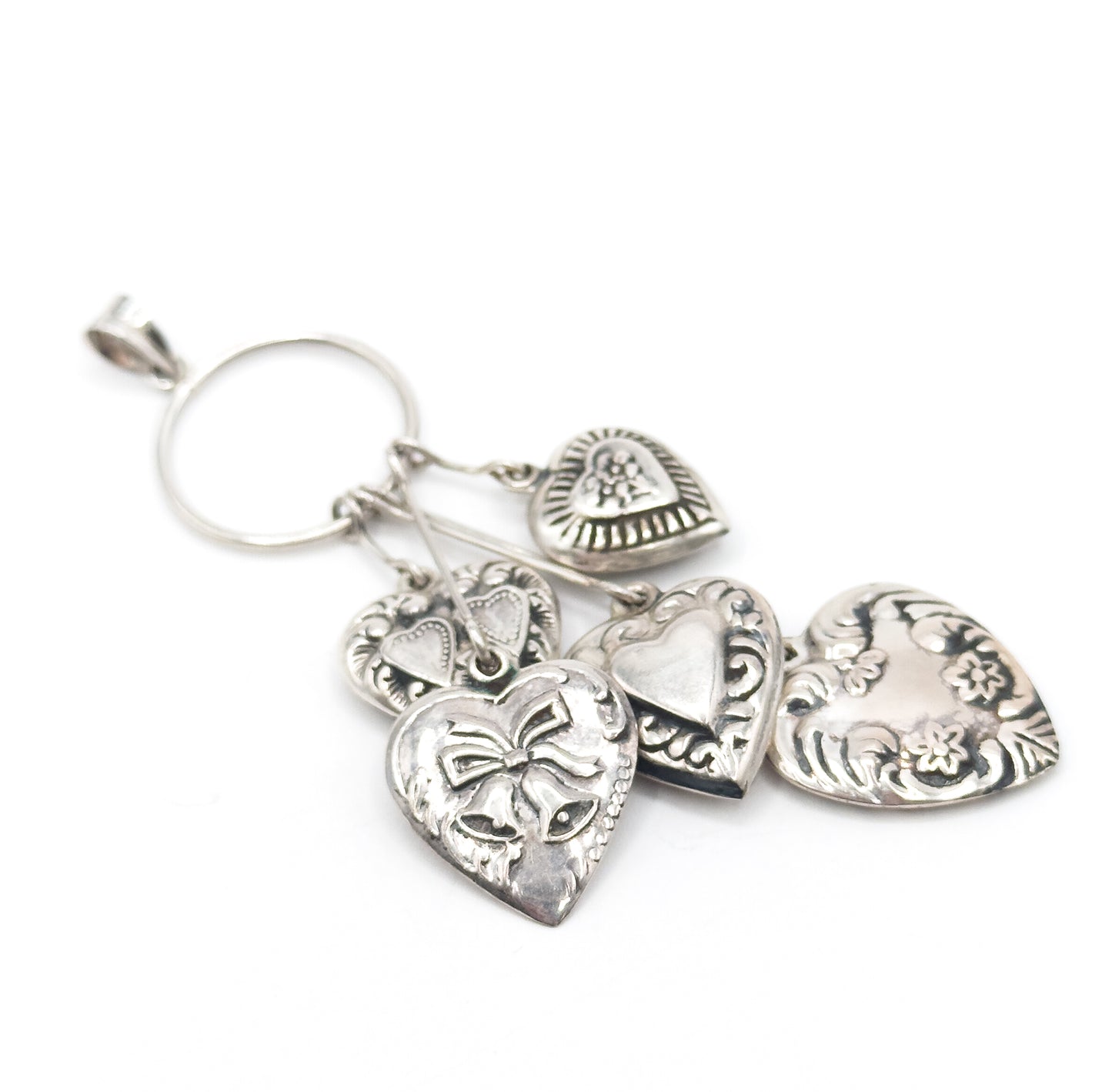 Vintage Victorian Revival Puffy Heart Dangle Pendant in Silver