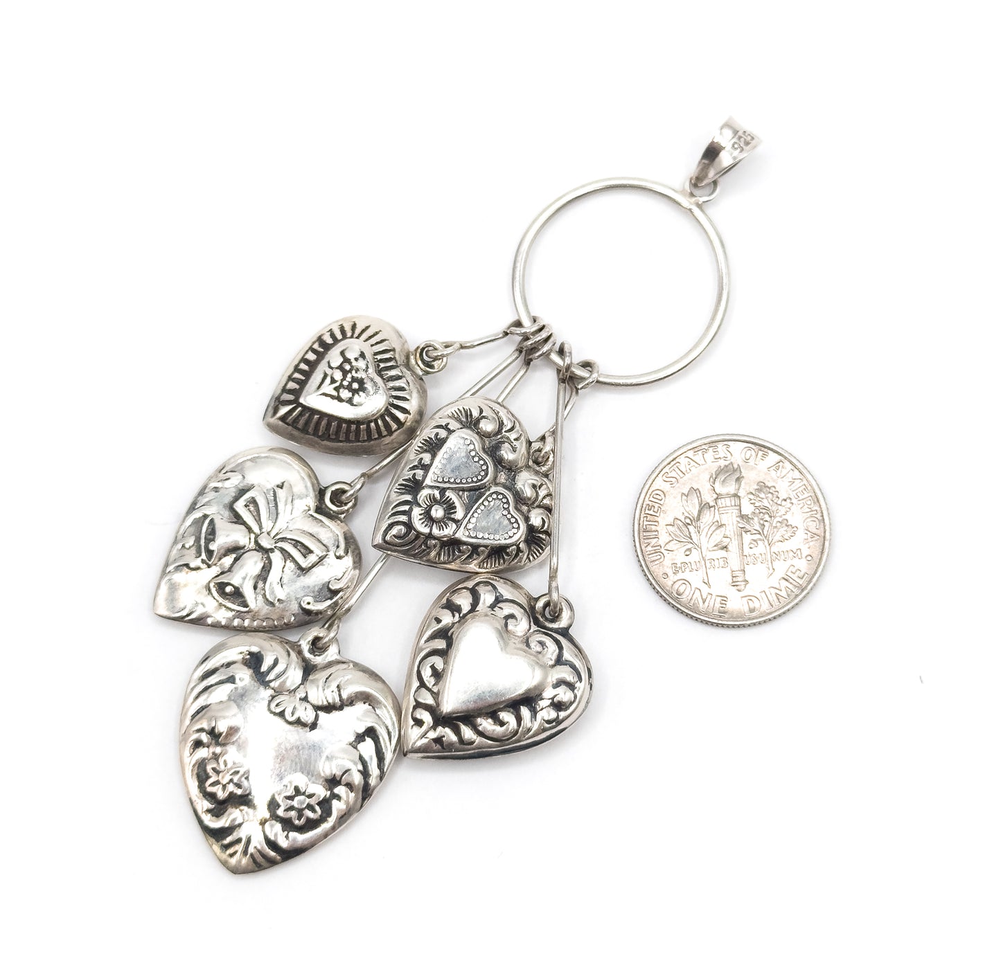 Vintage Victorian Revival Puffy Heart Dangle Pendant in Silver