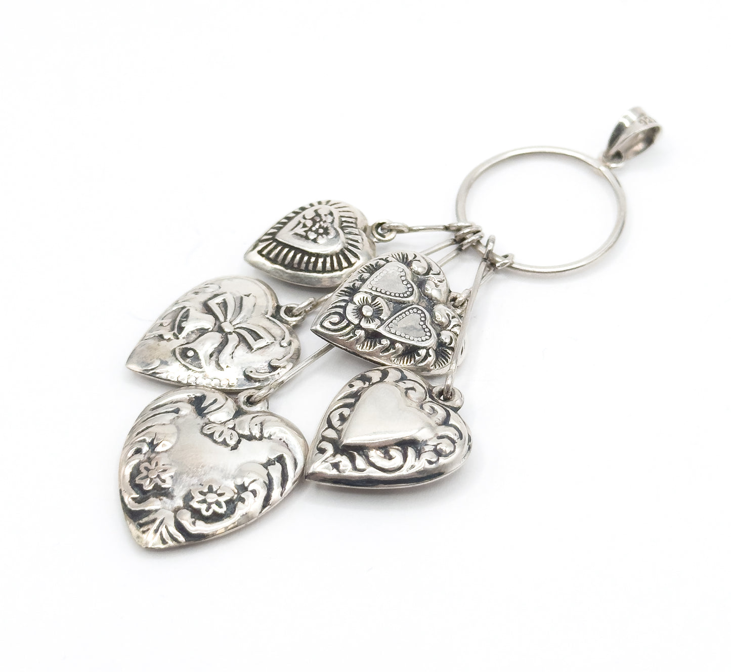 Vintage Victorian Revival Puffy Heart Dangle Pendant in Silver
