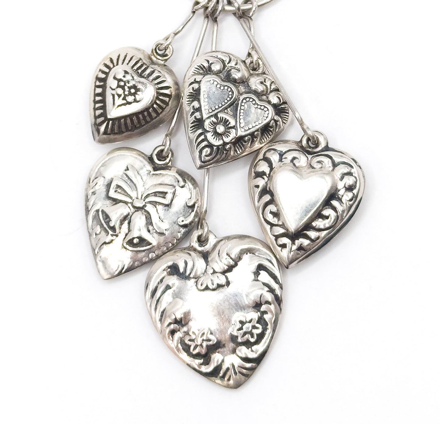 Vintage Victorian Revival Puffy Heart Dangle Pendant in Silver