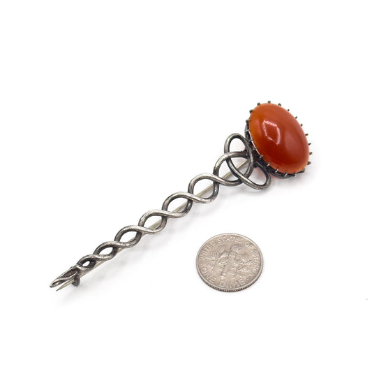 VIctorian Halley's Comet Brooch Kilt Pin with Red Agate Cabochon in Silver
