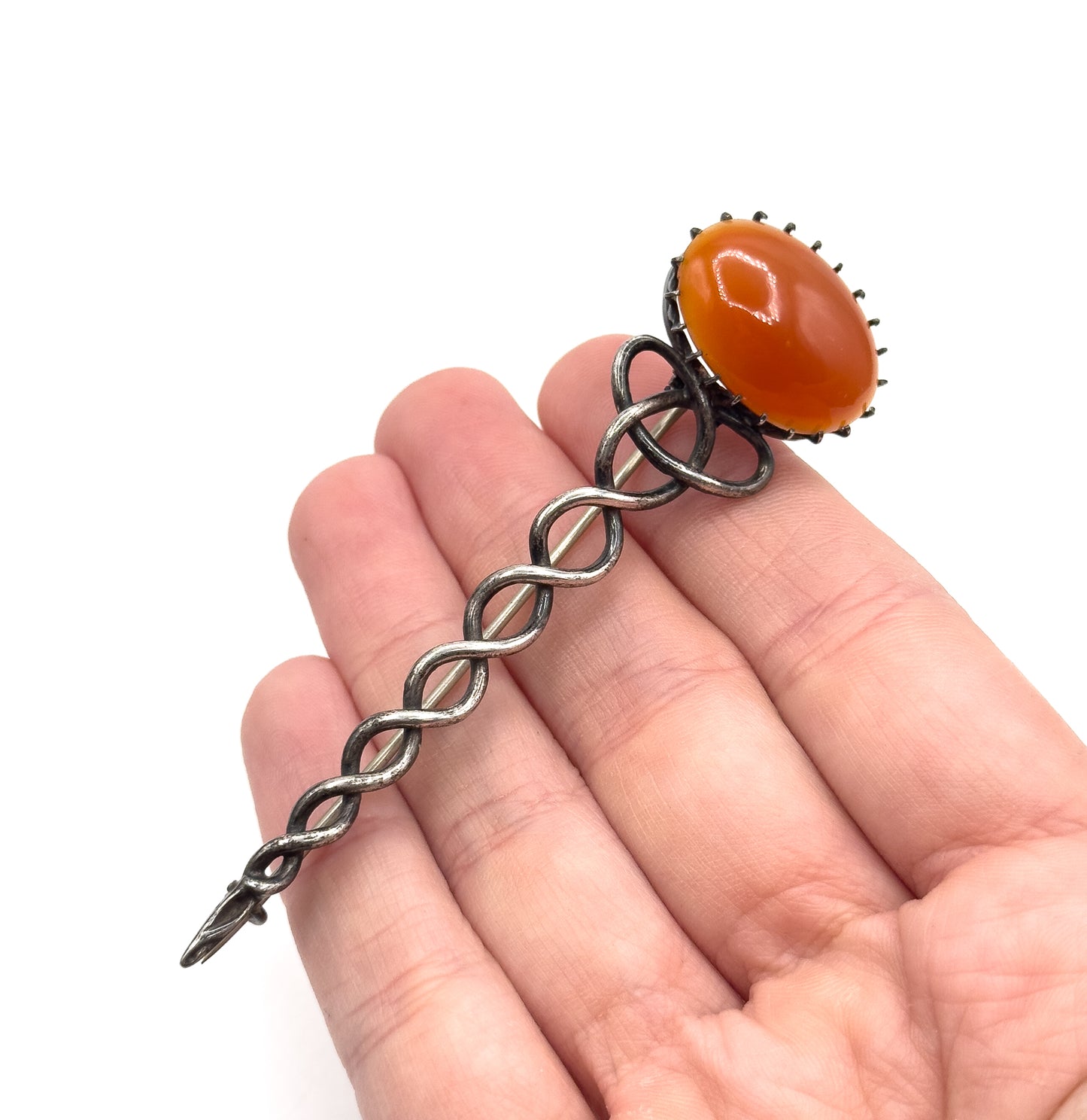 VIctorian Halley's Comet Brooch Kilt Pin with Red Agate Cabochon in Silver