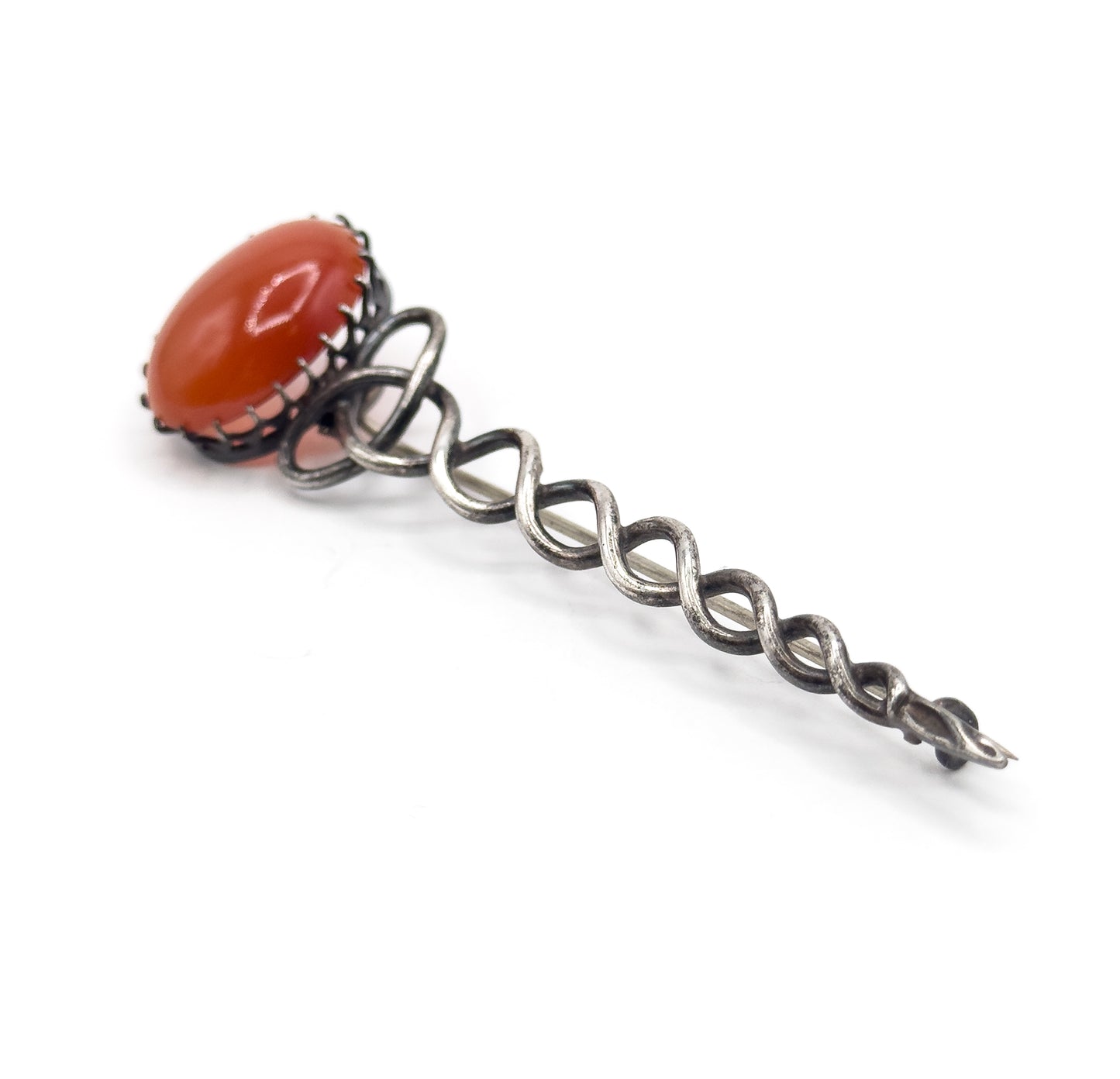 VIctorian Halley's Comet Brooch Kilt Pin with Red Agate Cabochon in Silver
